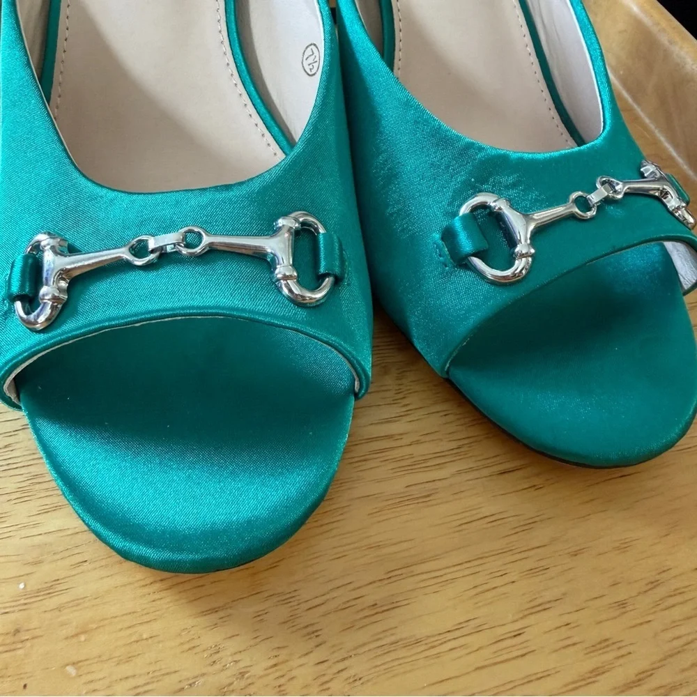 Deep Teal Metal Link Chain Peep Round Toe Heel Slide Stiletto NWT 7.5